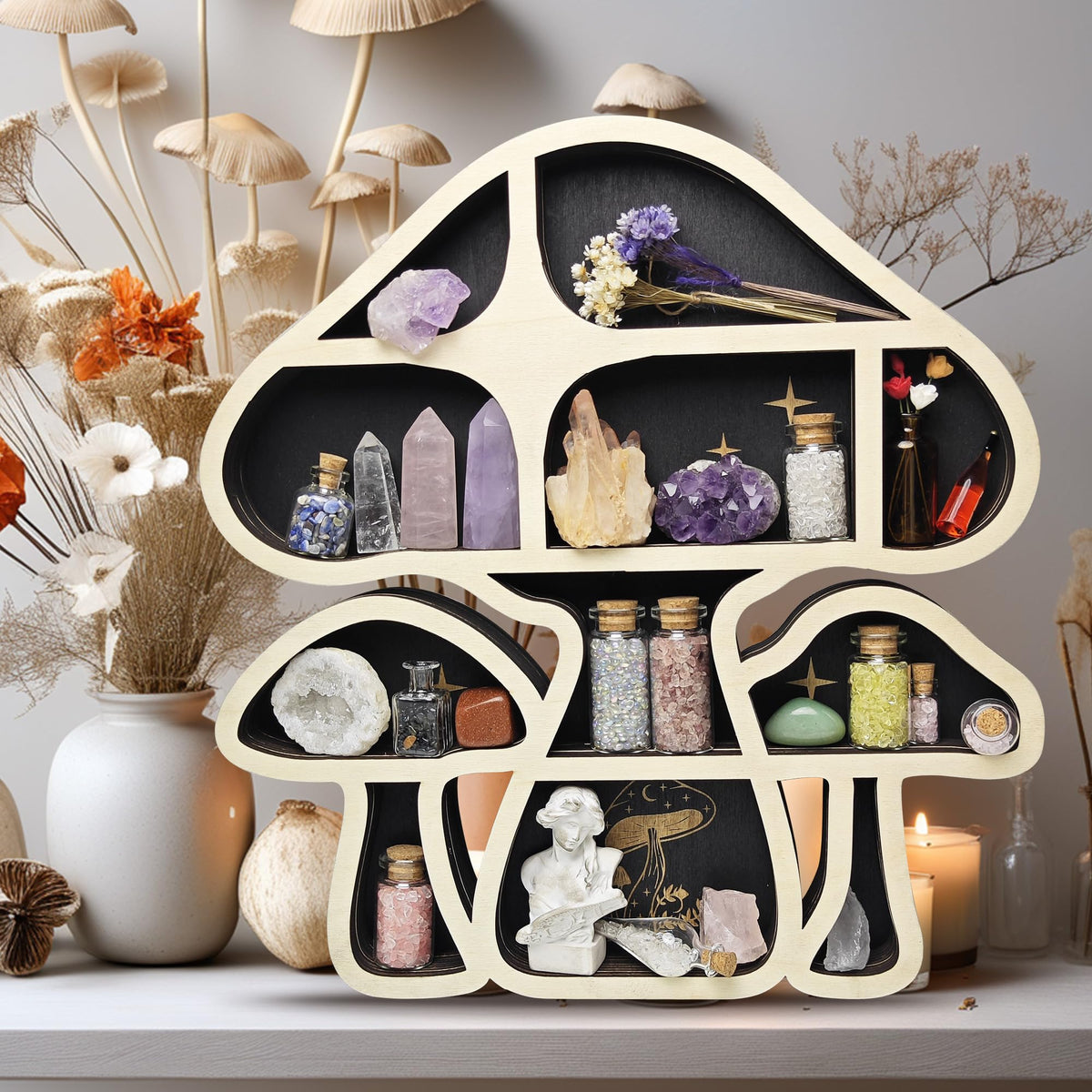 FNYDOX crystal display shelf compartments close-up highlights organized storage for stones and mini figurines.