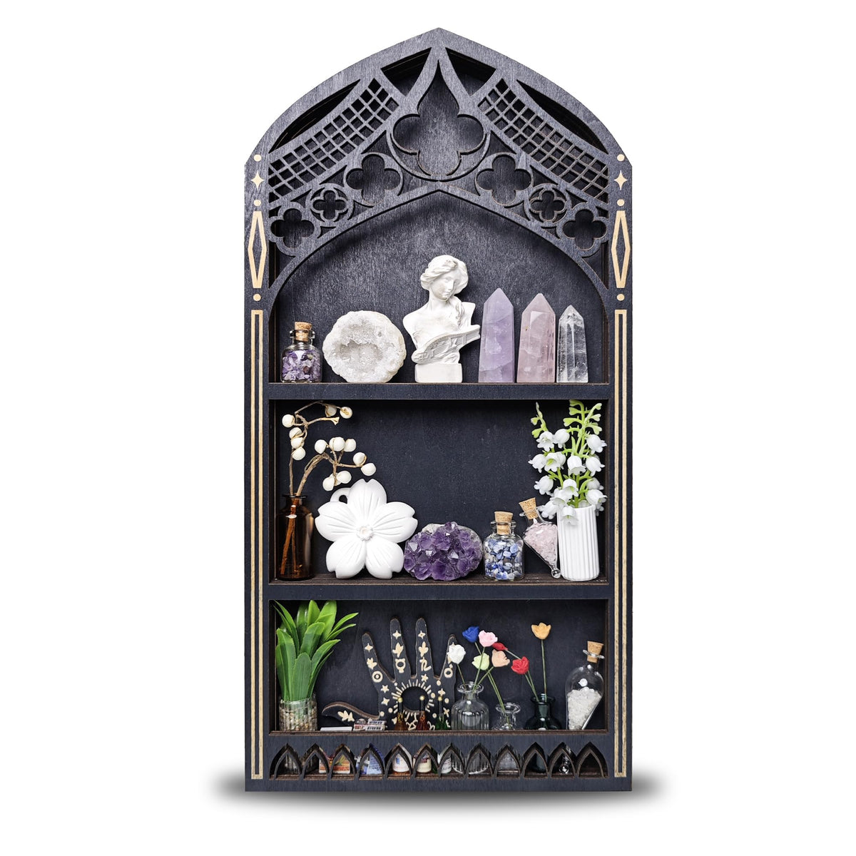 FNYDOX Gothic Window Crystal Shelf mounted on wall for elegant display and organization.