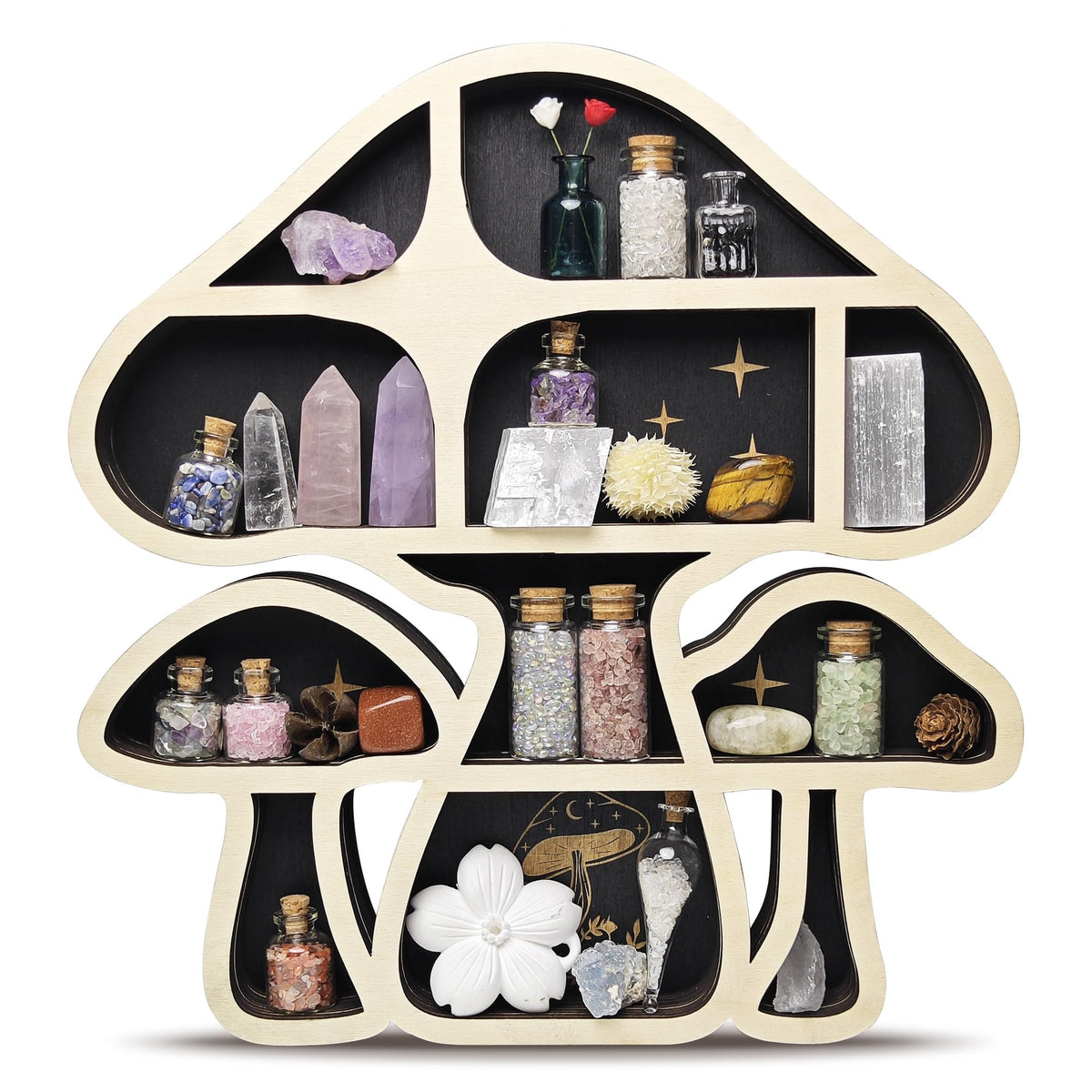 FNYDOX wooden mushroom floating shelf front view shows space-saving display for crystals and keepsakes.