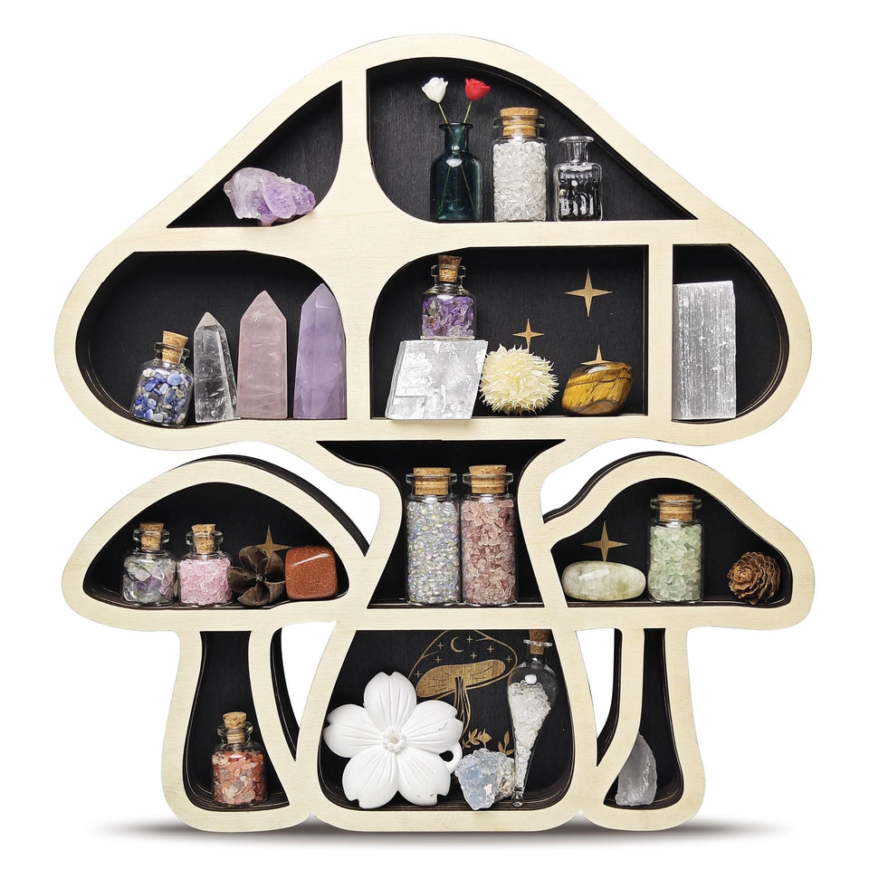 FNYDOX wooden mushroom floating shelf front view shows space-saving display for crystals and keepsakes.