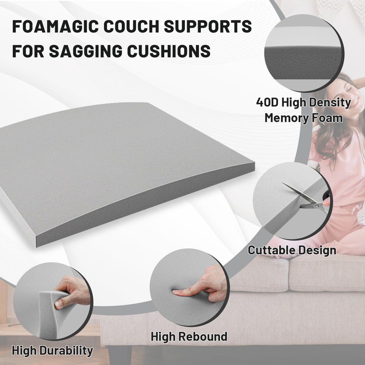 Foamagic 20x20x2in fit demonstrates seamless under-cushion insertion.