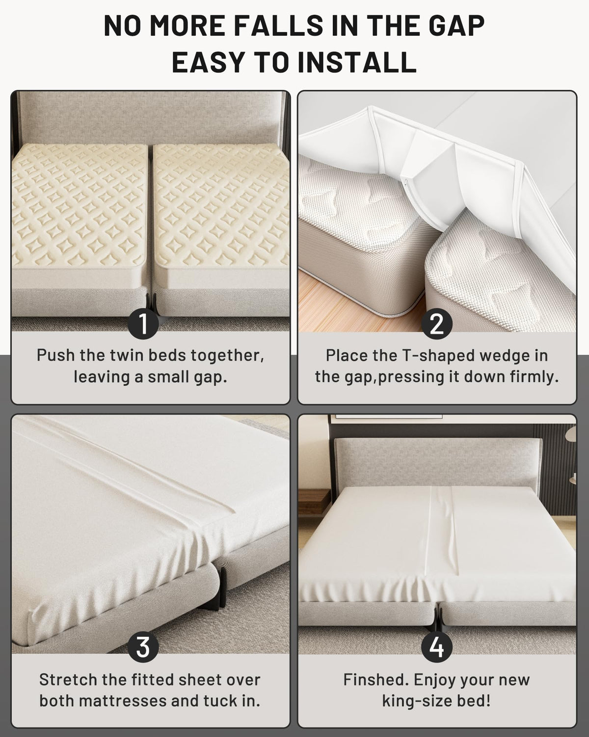Foamagic twin XL to king gap image shows a spacious sleeping surface.