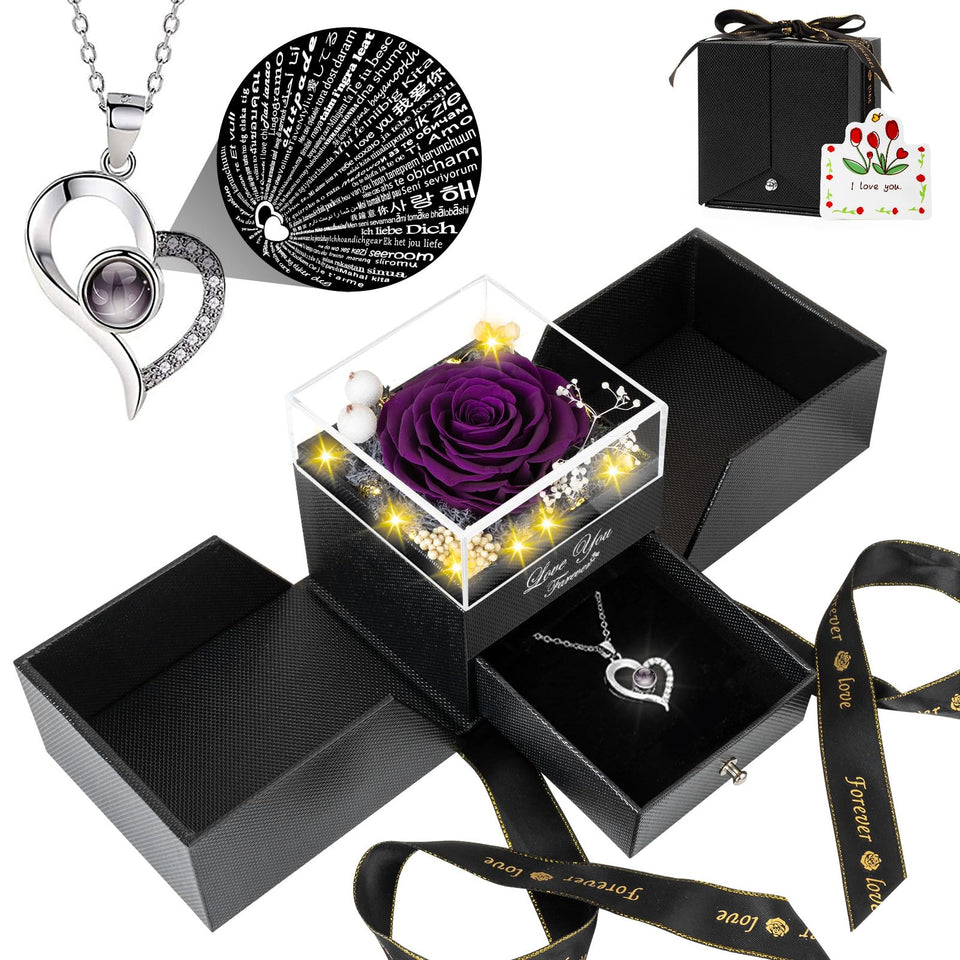 FOCIE preserved purple real rose with necklace in box, a timeless keepsake gift.