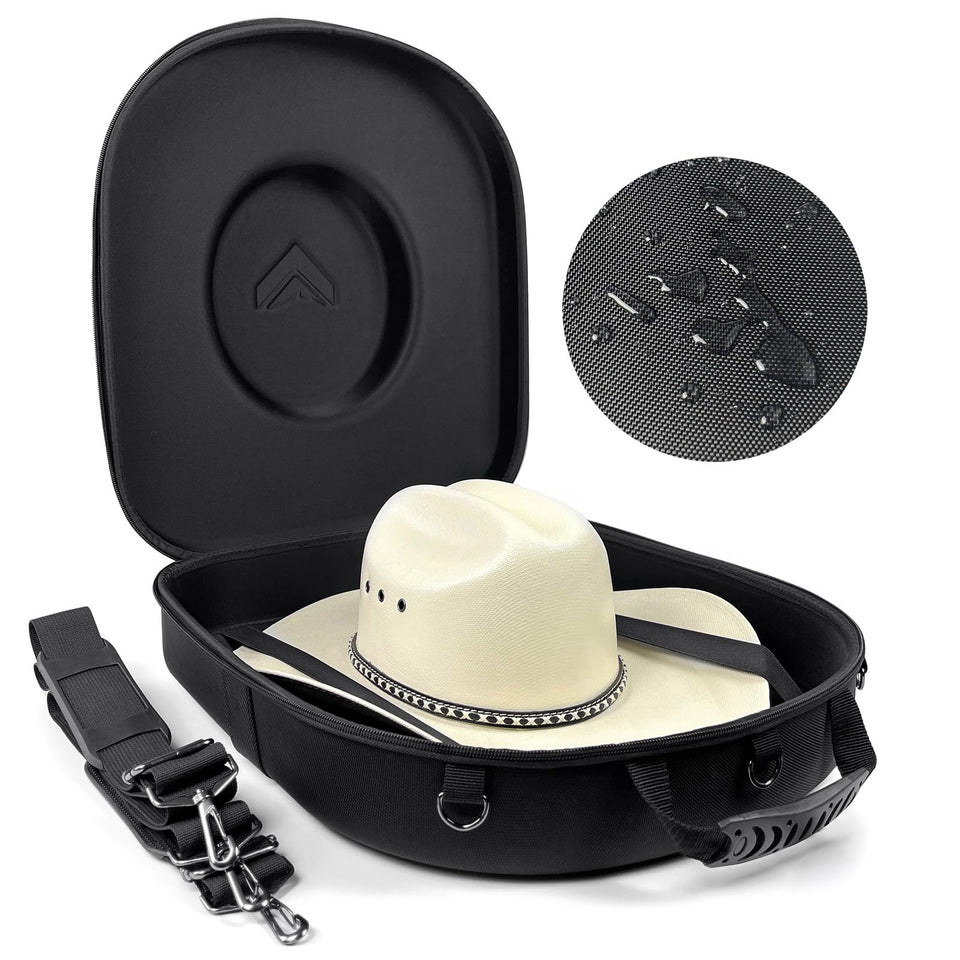 Foeran travel hat case protecting a cowboy hat during transit, rugged exterior and secure interior.