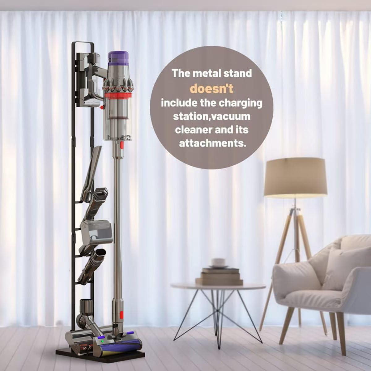 Foho Dyson stand keeps cleaning tools accessible in any room.