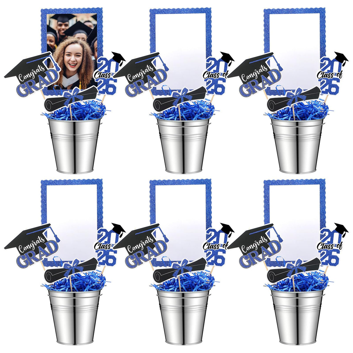 Foilswirl Class of 2026 centerpieces with blue buckets for elegant graduation table decor