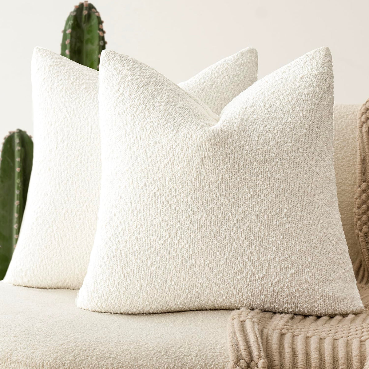 Foindtower cream boucle pillow cover closeup shows cozy texture and craftsmanship