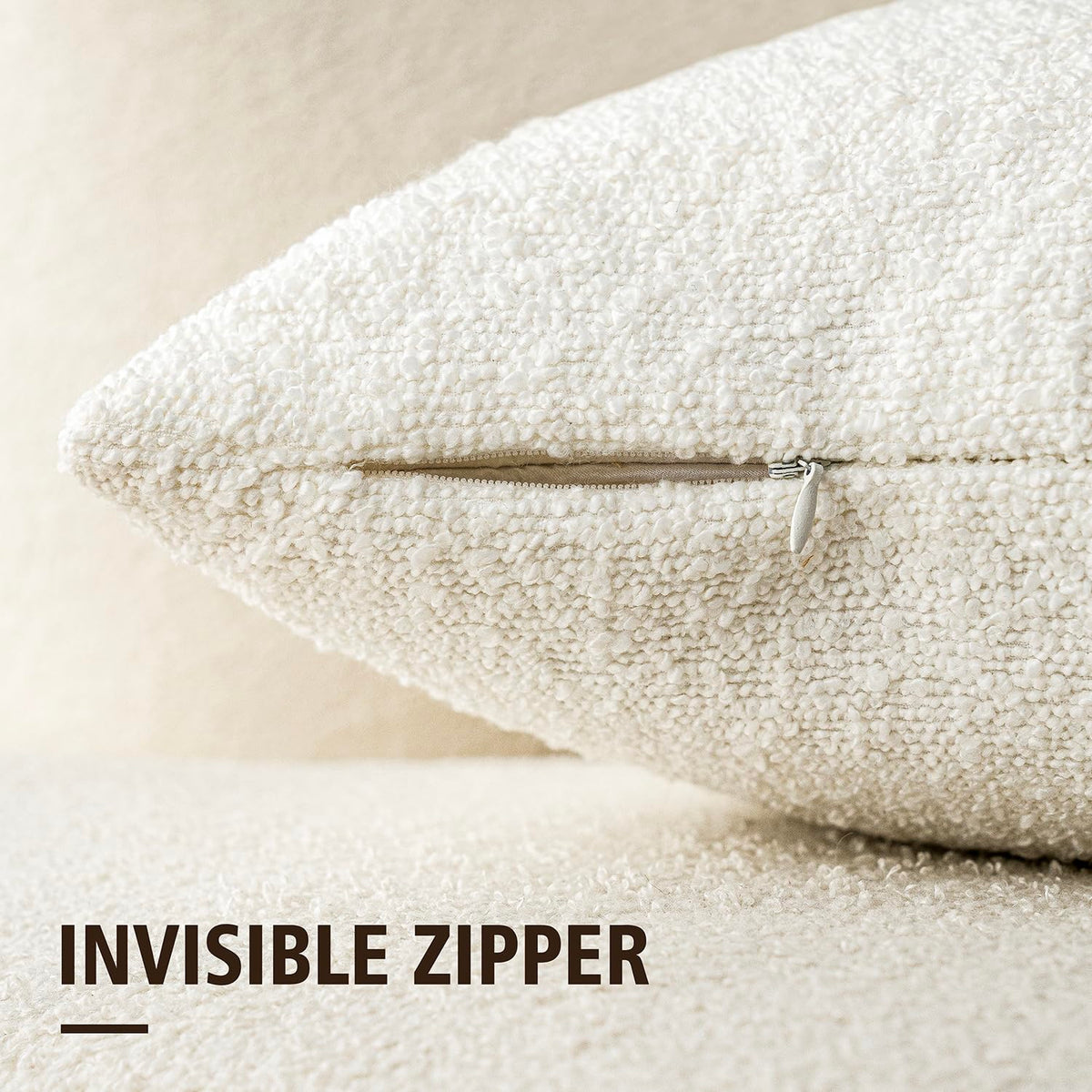 Foindtower boucle texture close-up highlights decorative cushion detail.