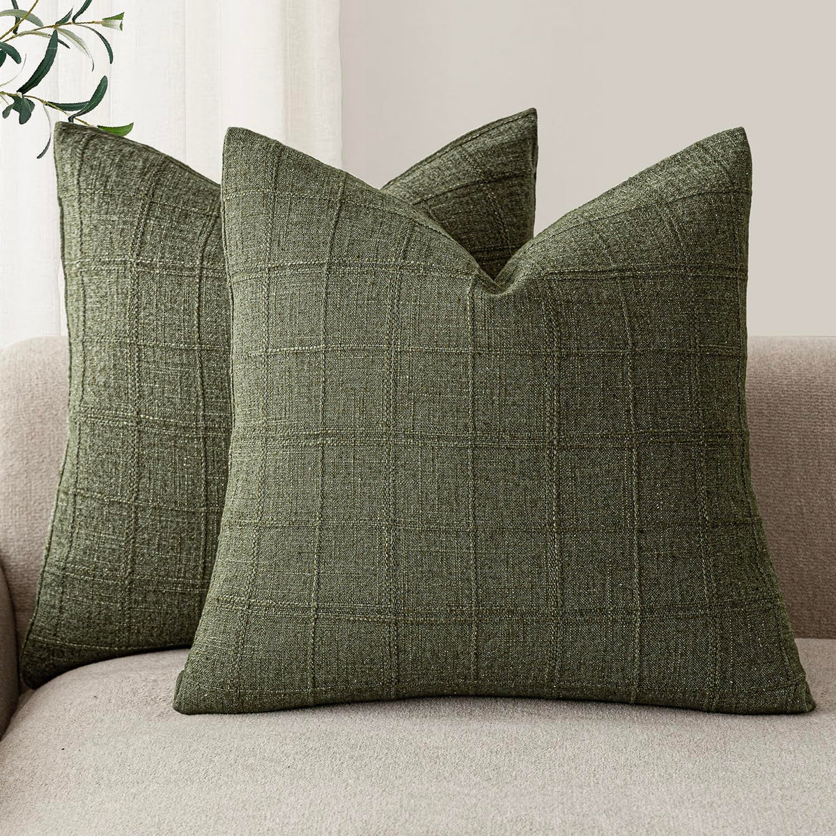 Foindtower check pillow cover olive green front view, ideal for chic living room decor.