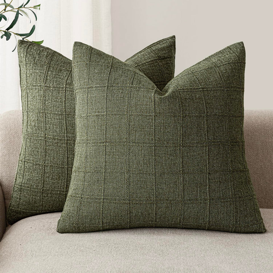 Foindtower check pillow cover olive green front view, ideal for chic living room decor.