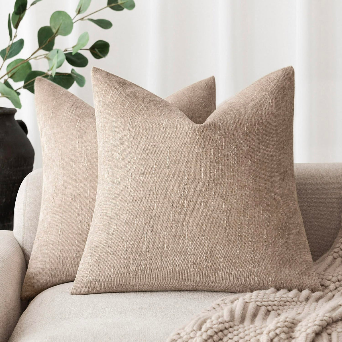 Foindtower chenille pillow cover, cream-camel 20x20, two-pack, cozy living room styling.