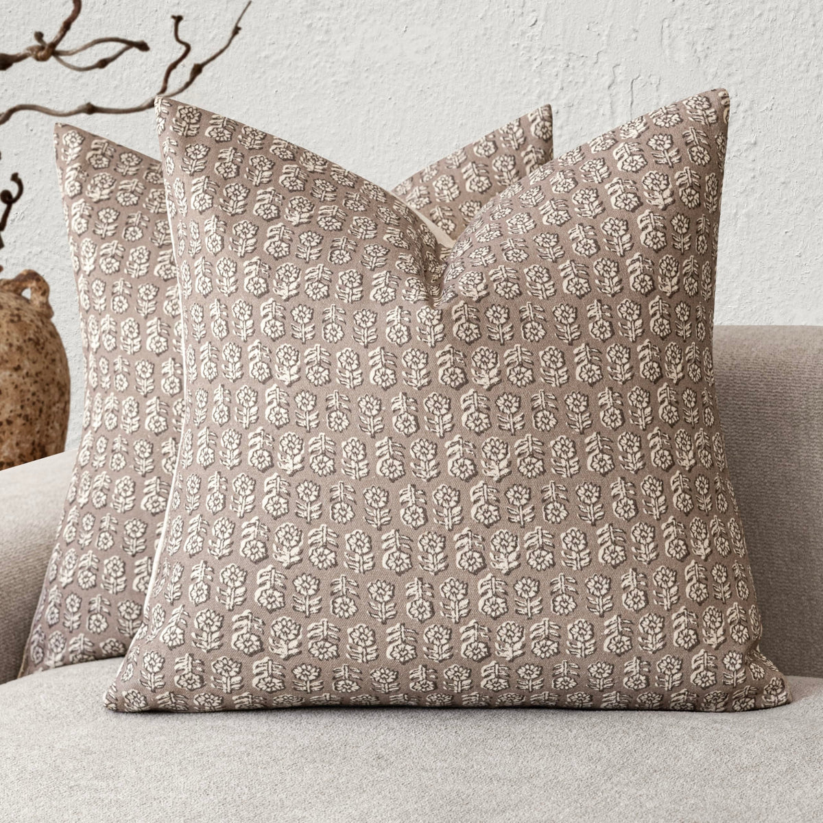Foindtower floral pillow cover in tan taupe adds vintage charm to seating.