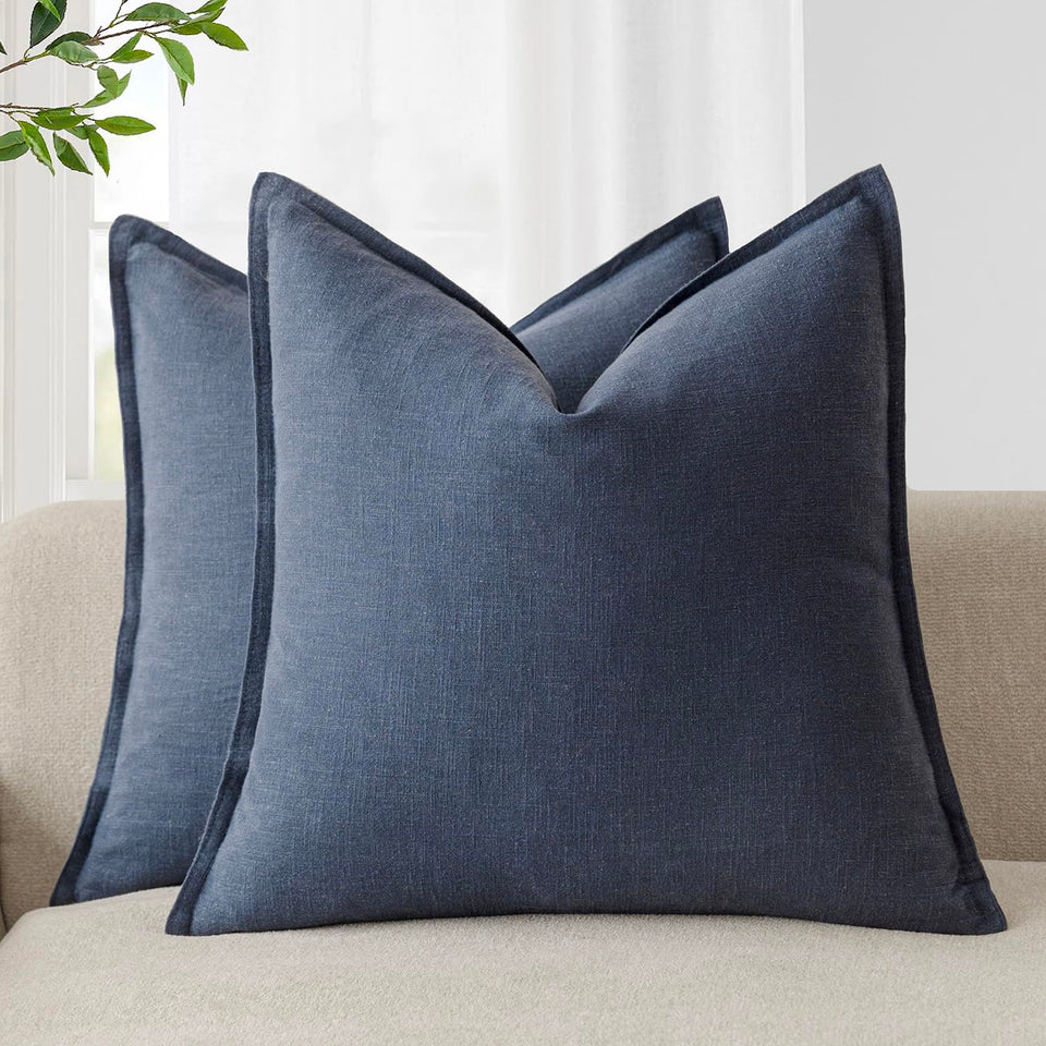 Foindtower navy linen pillow covers on a sofa front view adds subtle texture.