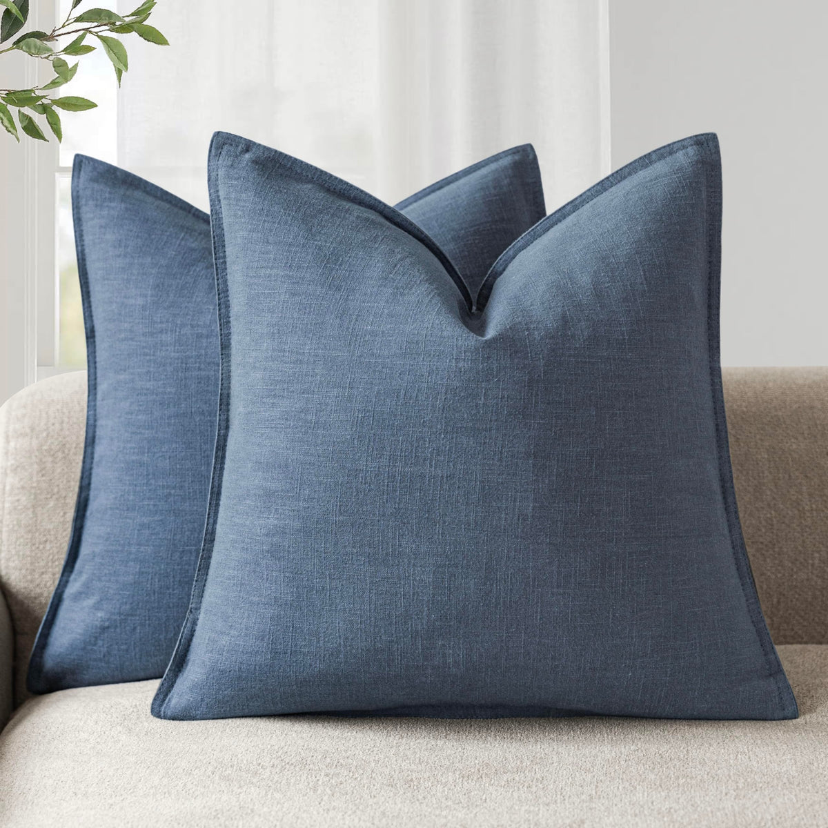 Foindtower pillow cover closeup showing flange stitching and breathable ramie-linen fabric.