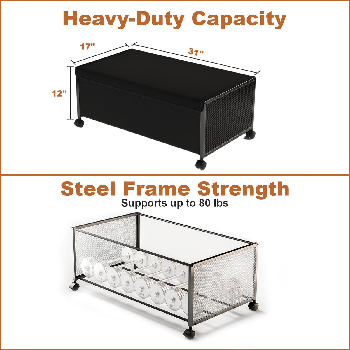 Fokyfok tall under-bed storage with 12-inch height and sturdy metal frame.