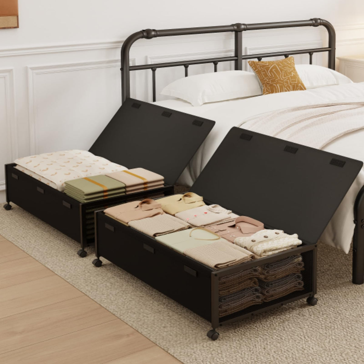 Fokyfok under-bed storage with rolling wheels allows easy access to clothing