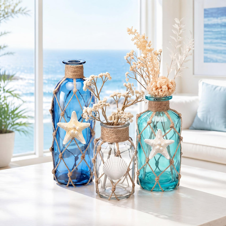 FoldTier coastal glass vases blue trio on a table, ideal coastal centerpiece.
