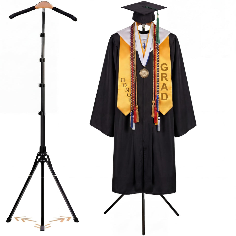 FoldTier graduation cap and gown display stand 3-in-1 for ceremony presentation.