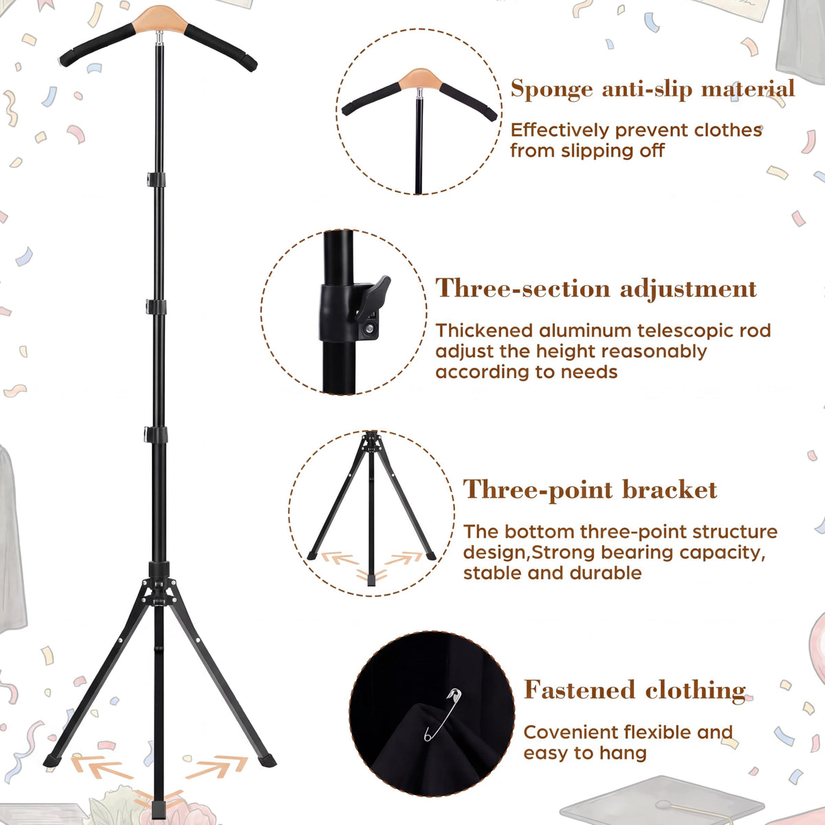 FoldTier padded wooden hanger protects gowns during display.