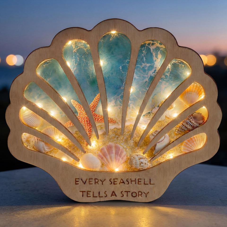 FoldTier seashell display case with lighting highlights coastal treasures.