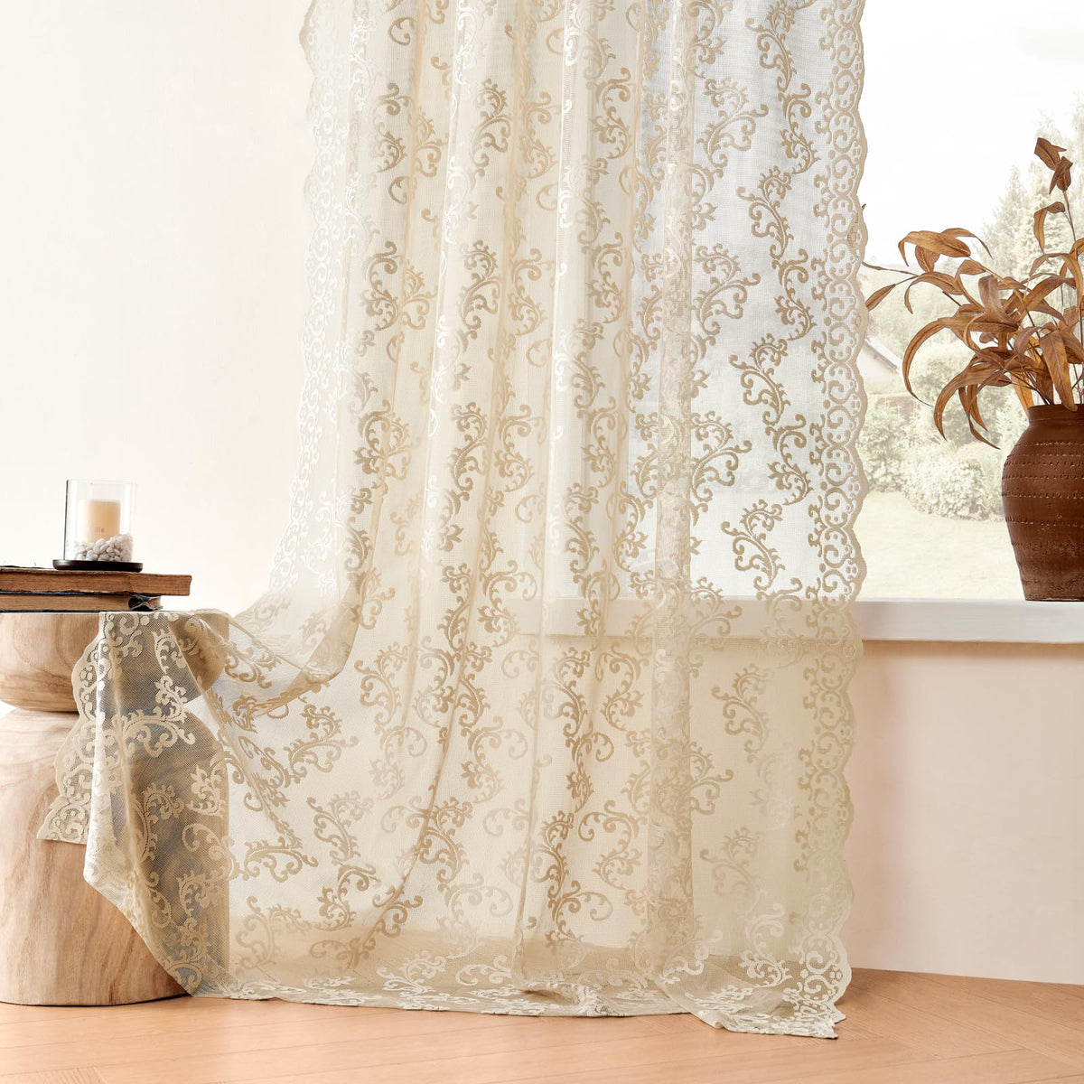 Folkside light-filtering lace curtains soften sun while preserving privacy.