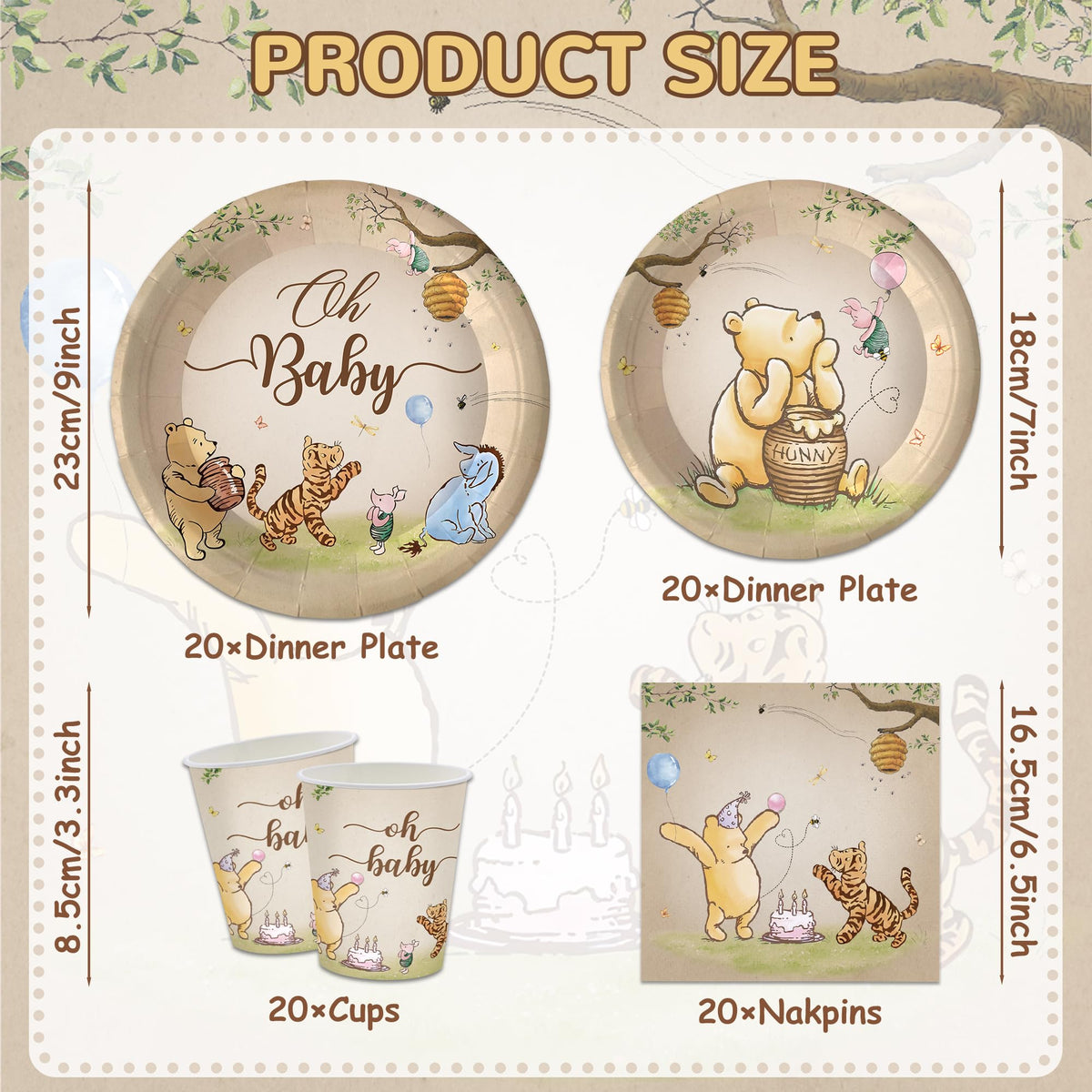 FOLNESH Winnie Bear seven-inch plates pair with snacks at celebrations and dessert times