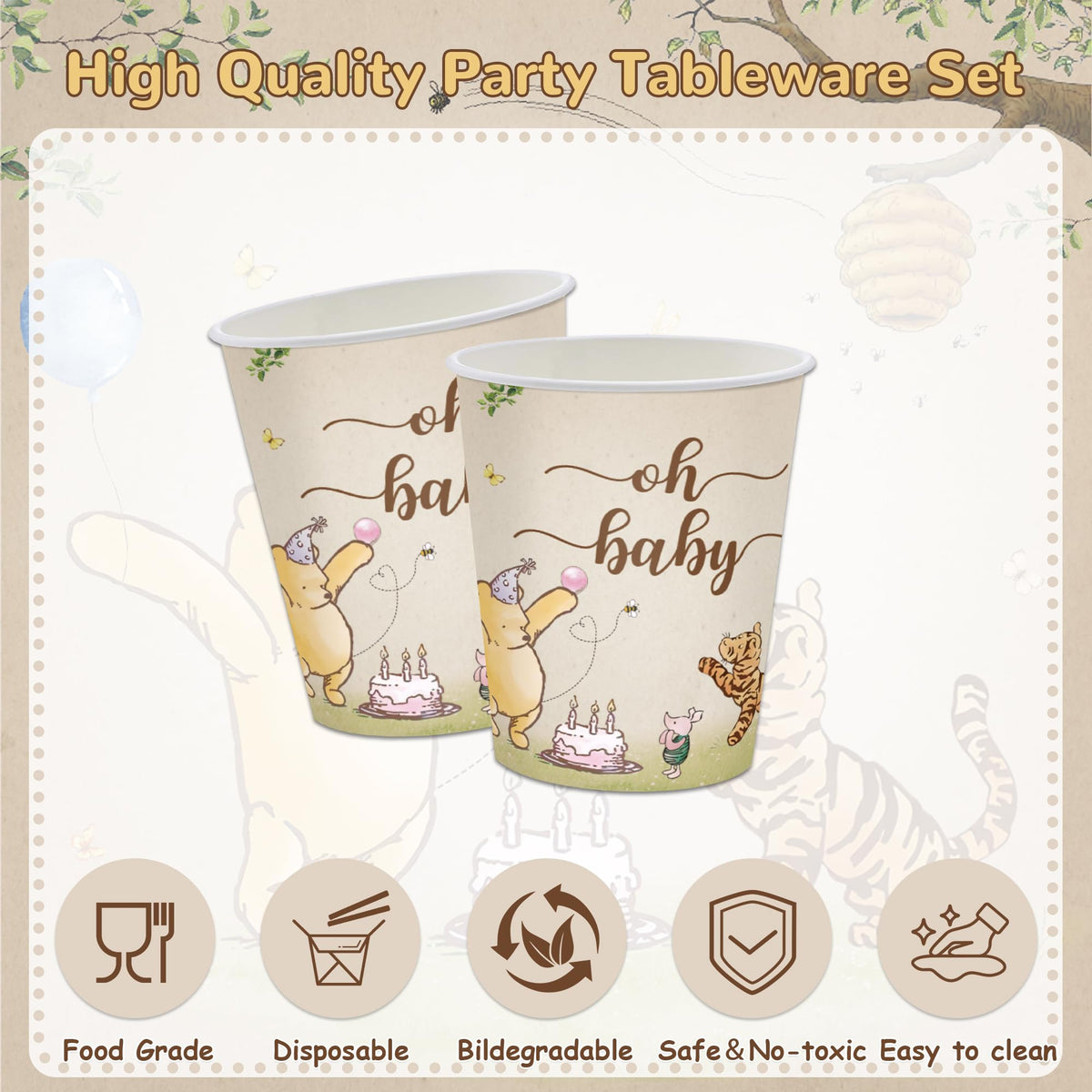 FOLNESH Winnie Bear tableware set displayed for baby showers and birthday parties
