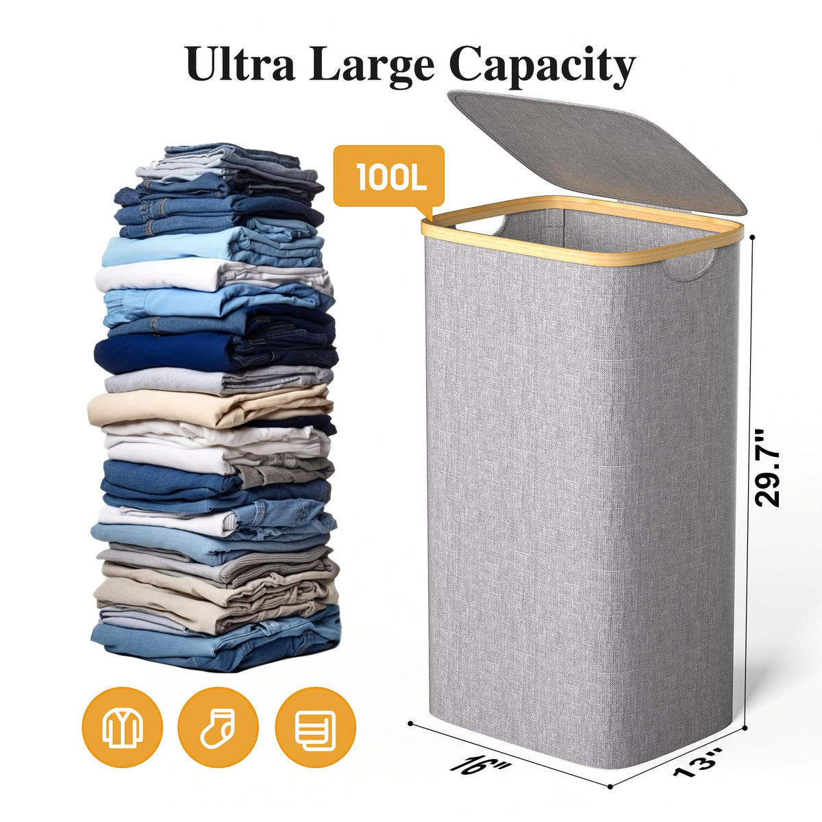 Foluck laundry hamper with lid preserving clothes from dust and odors.