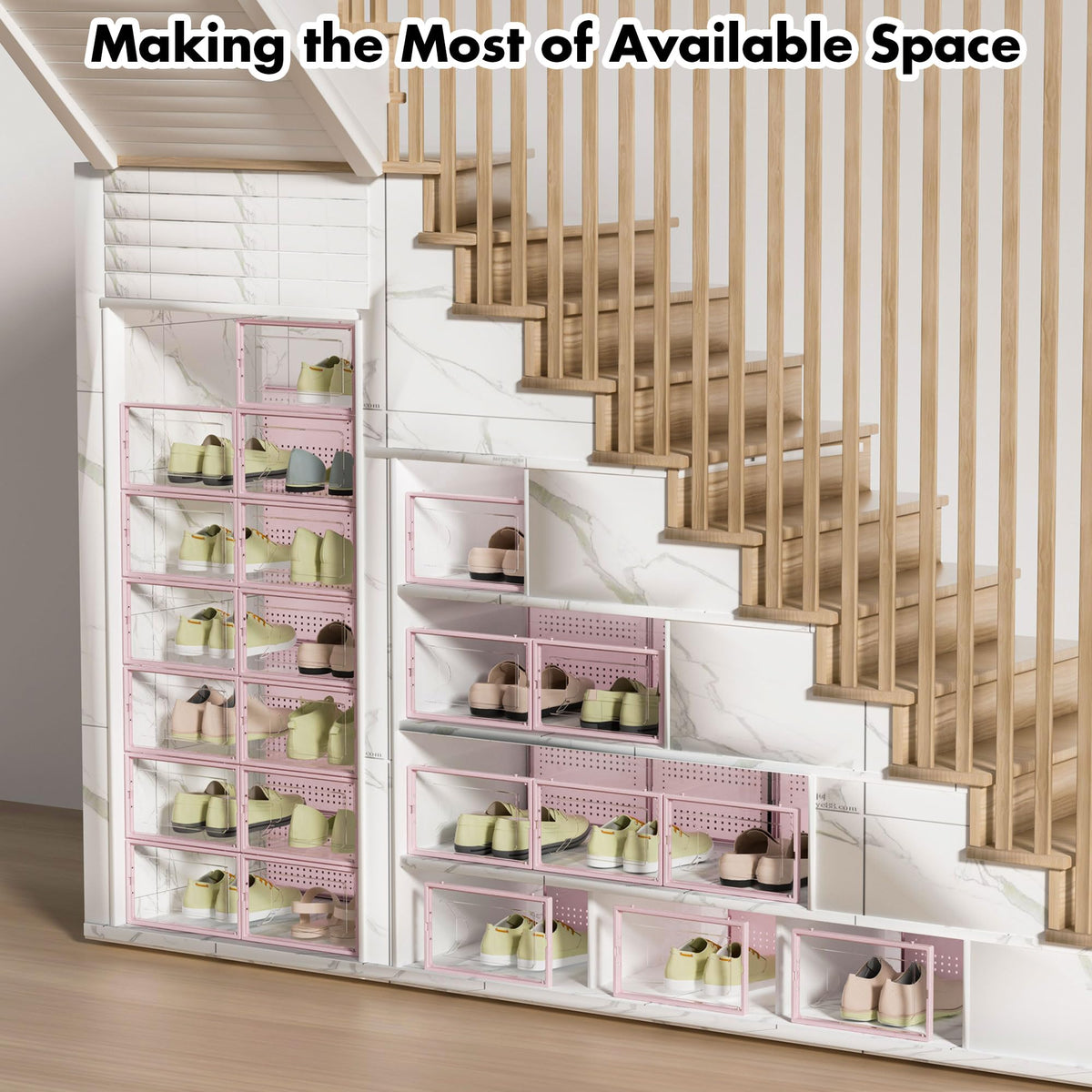 Foluck pink edition shoe boxes add style to closet organization and daily routines.