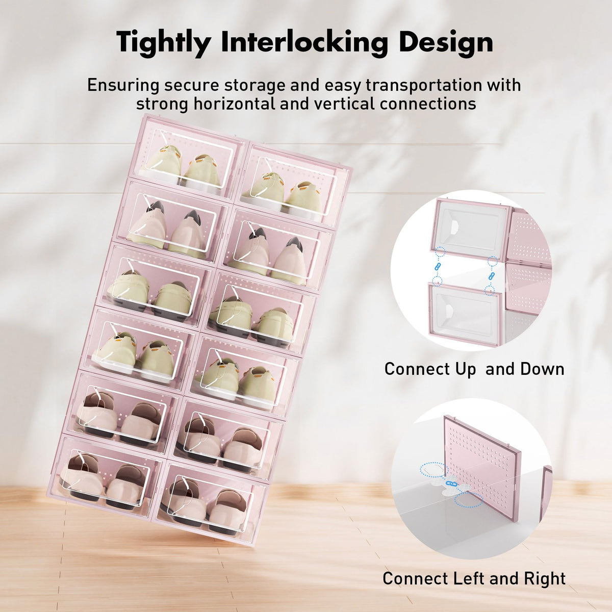Foluck vertical and horizontal stacking using interlocks for flexible closet organization.