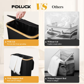 Foluck Slim Laundry Hamper bamboo handles closeup emphasizes comfortable grip during transport.