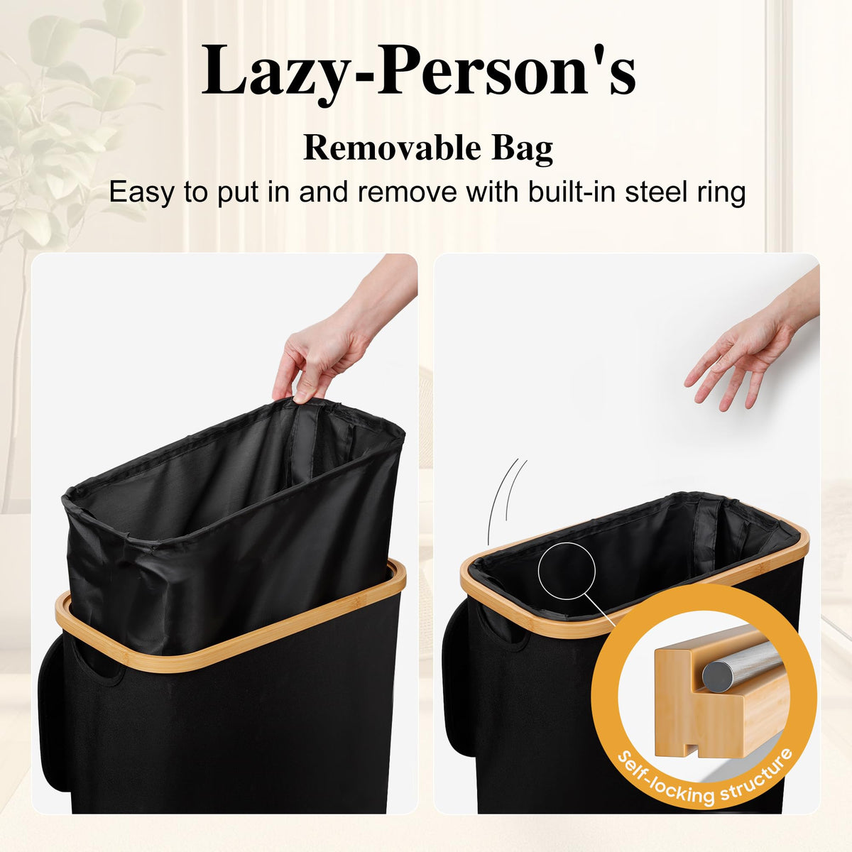 Foluck Slim Laundry Hamper removable inner bag highlights easy wash and quick removal.