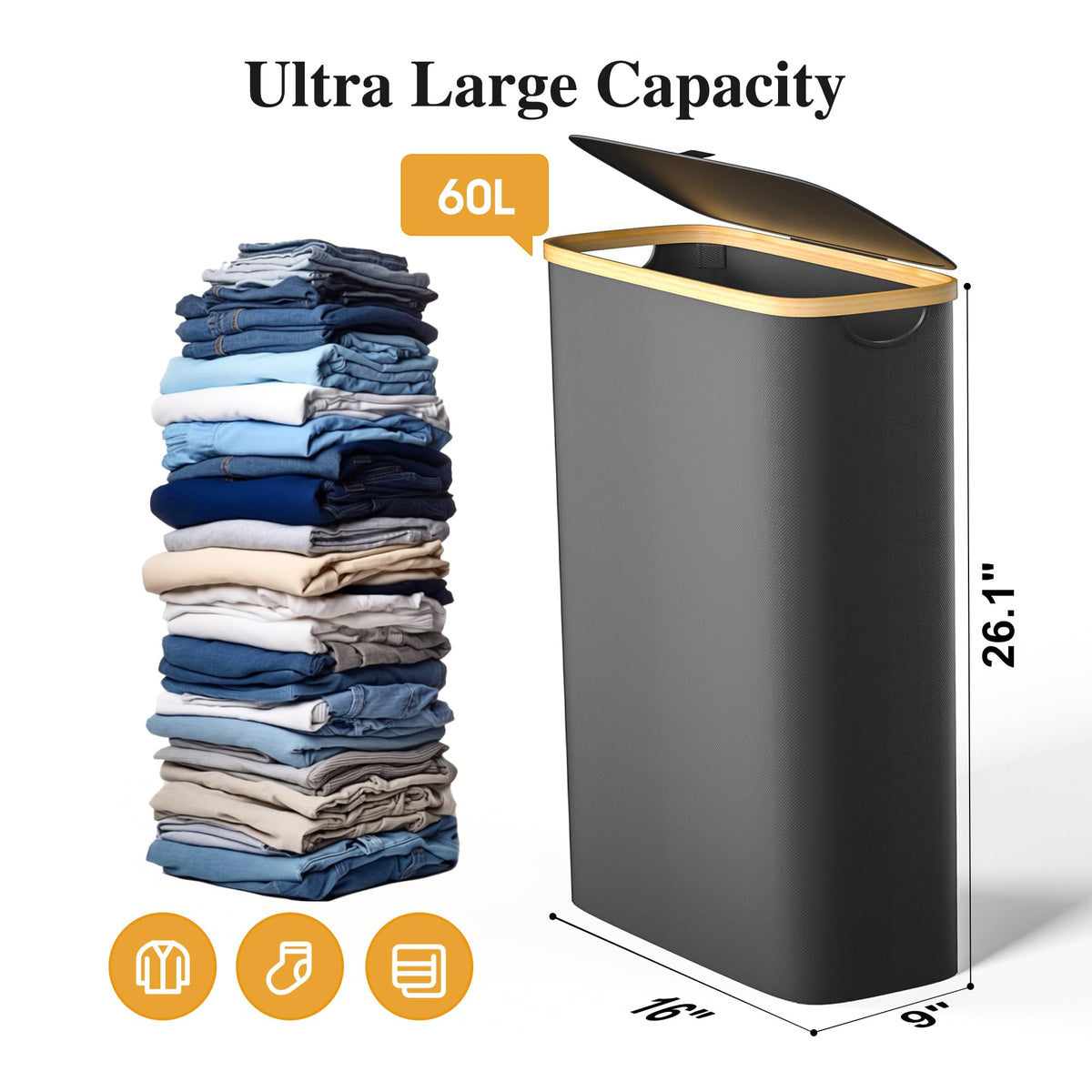 Foluck Slim Laundry Hamper side view showcases slim footprint for tight spaces in apartments.