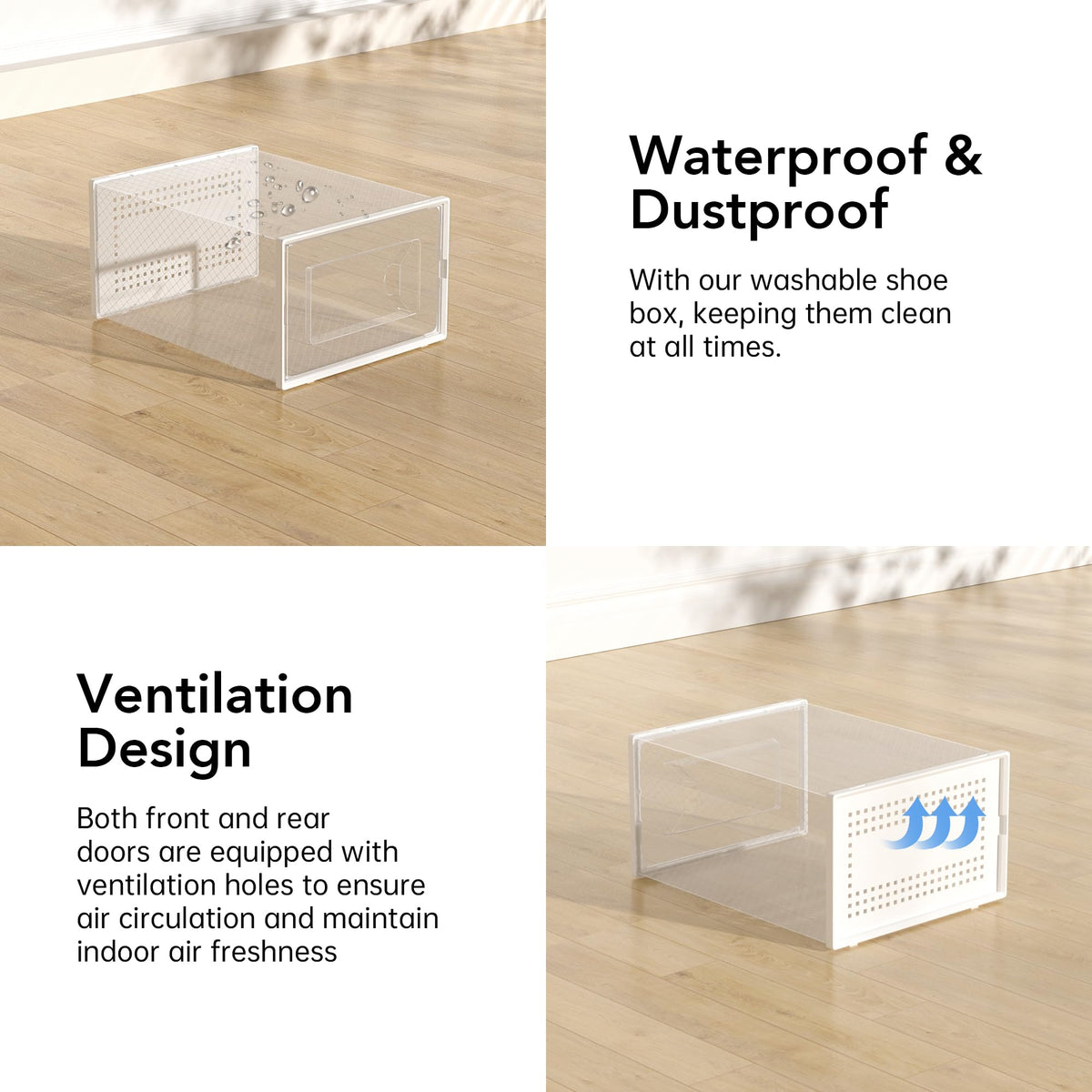 Foluck X-Large shoe storage box clear body close-up highlights durable plastic.