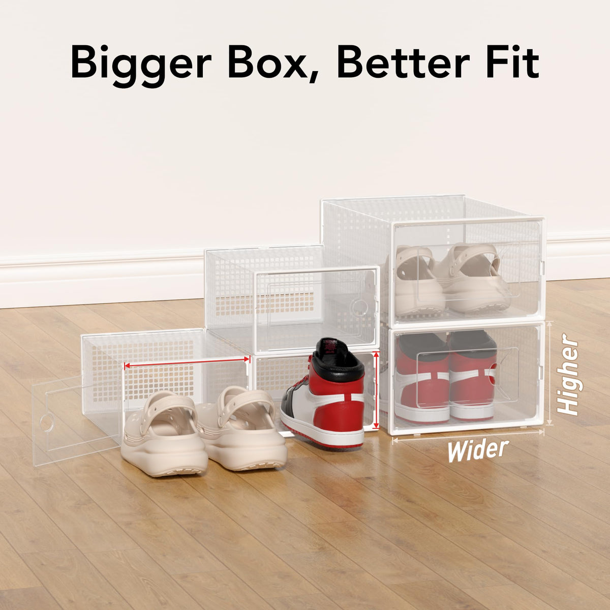 Foluck X-Large shoe storage box interlocking system close-up demonstrates flexible layouts.