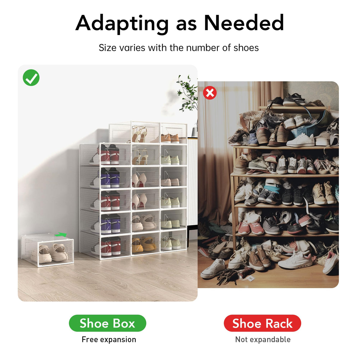 Foluck X-Large shoe storage box vertical stack shows space-saving organization.
