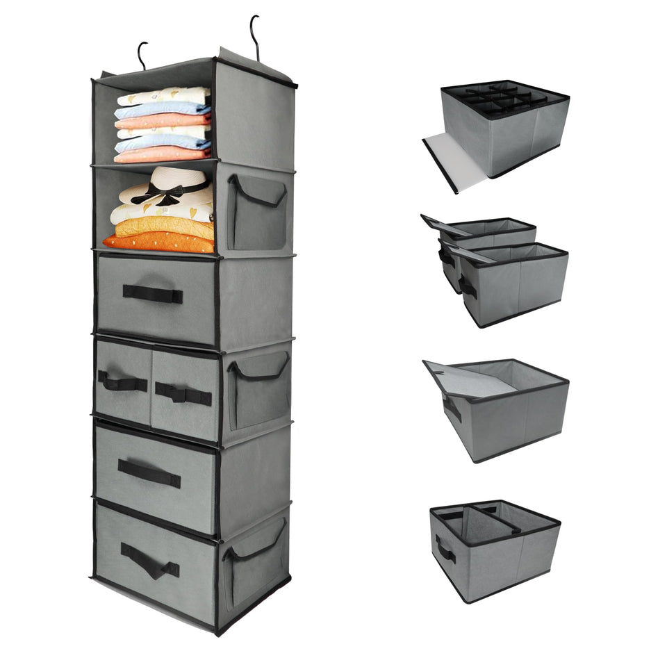 Folzaelar 6-tier organizer on a closet rod for space-saving wardrobe storage.