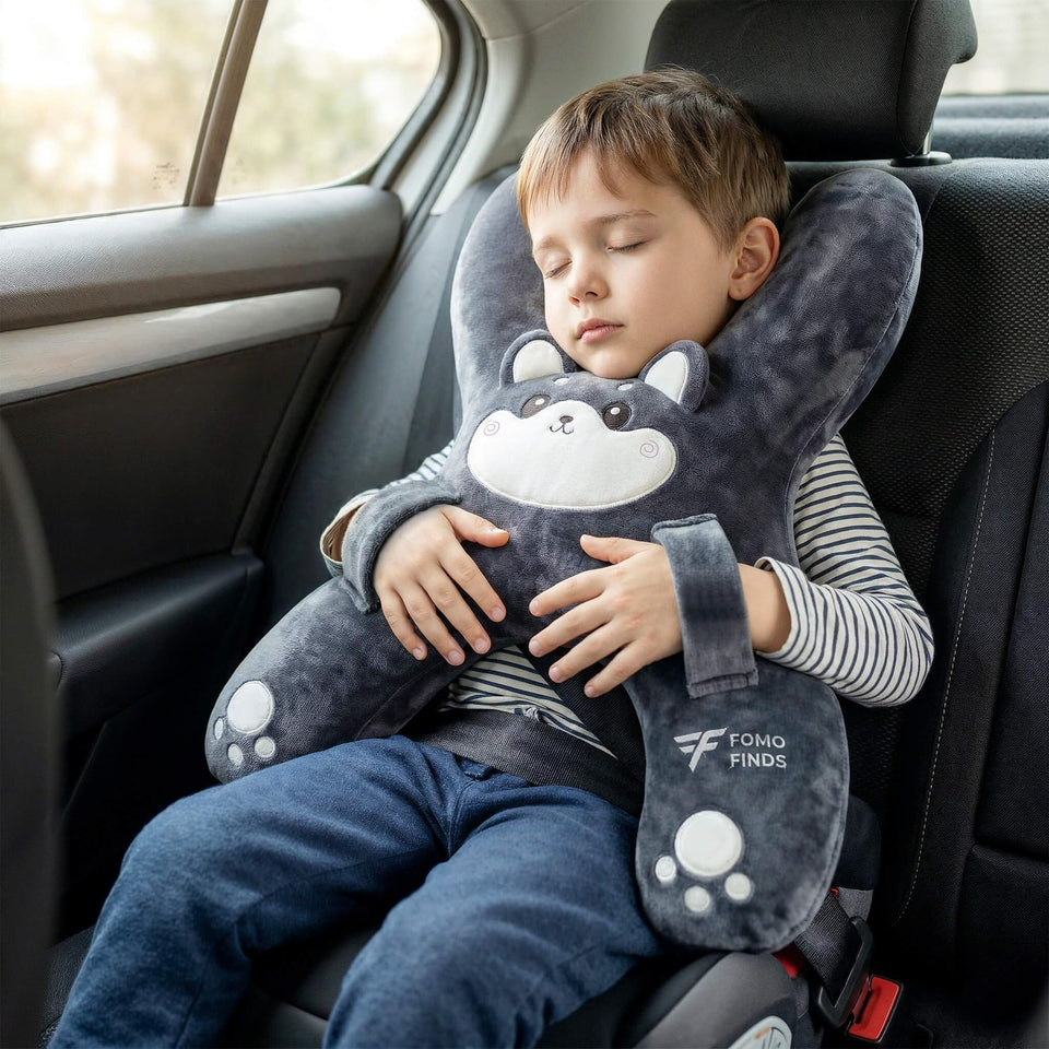 FOMO Finds Luna plush car pillow for kids provides cozy snuggle on road trips.