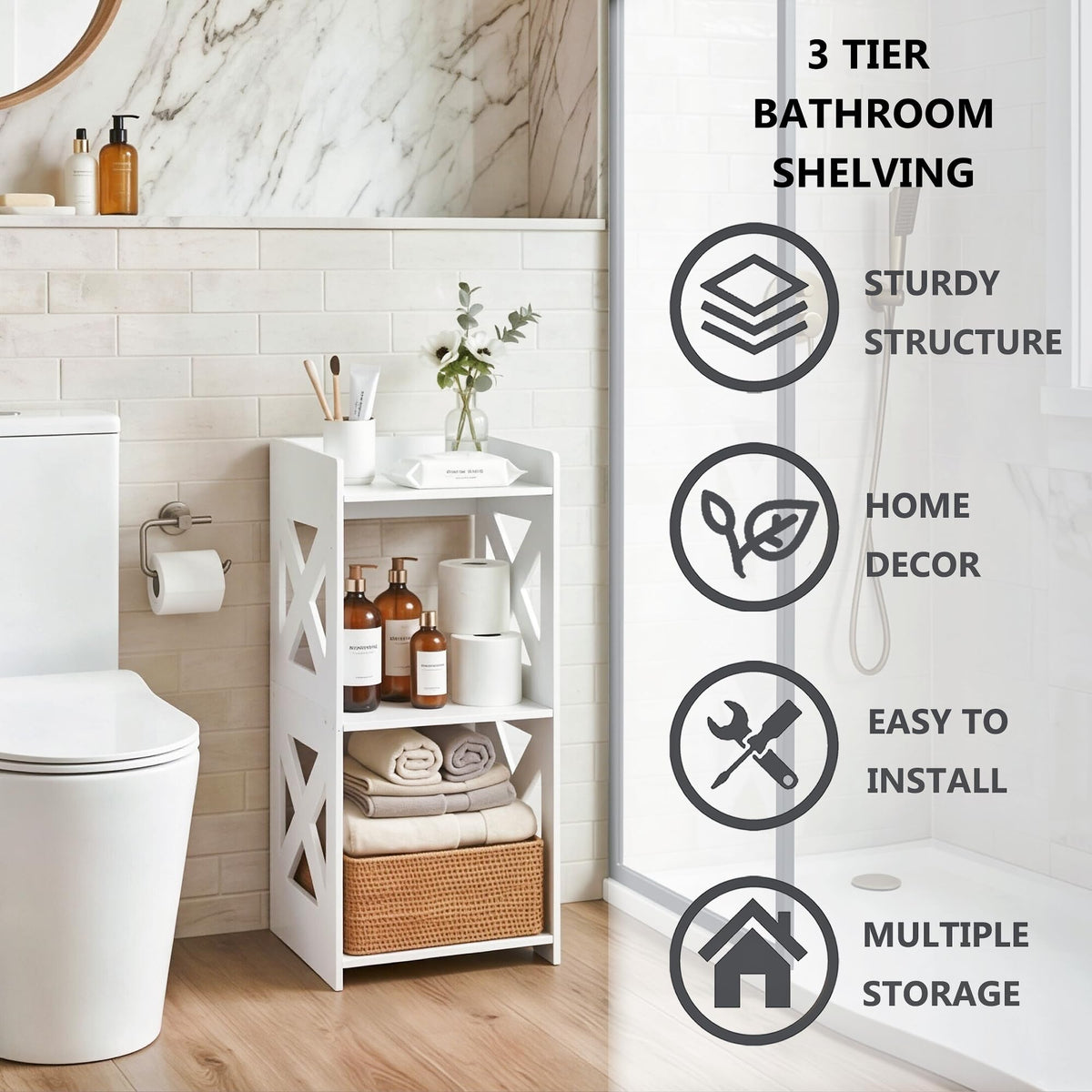 FONHAYE organized shelves hold towels and toiletries neatly