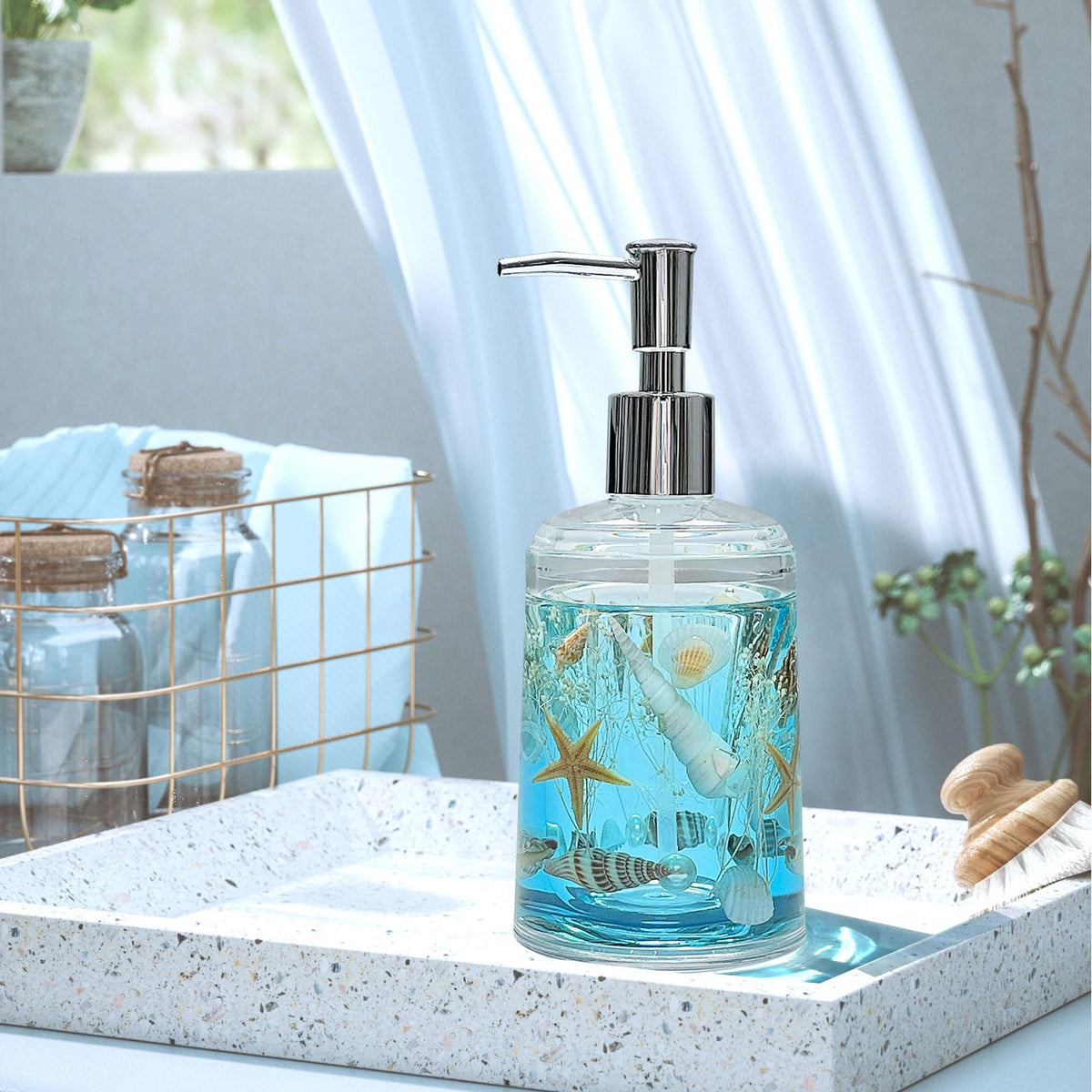 Blue FONMY dispenser with liquid ready for hand soap, dish soap, or lotion