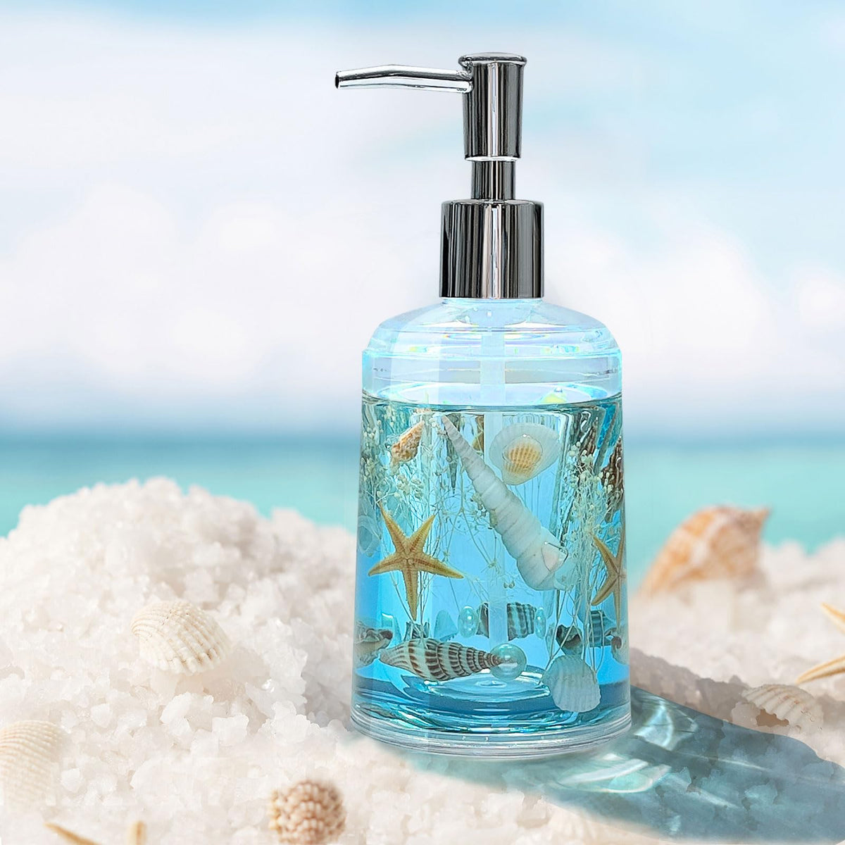 FONMY Seascape seashell blue dispenser on countertop for stylish bathroom use