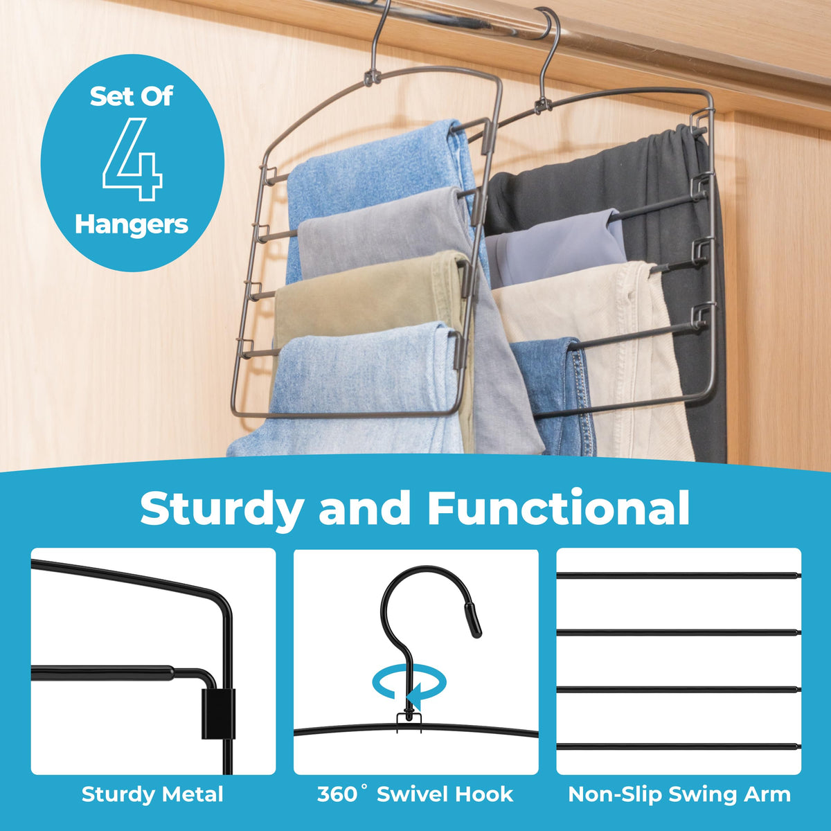 Fontaines Luxury 5 Tier Hangers swing arm enables wrinkle-free access to clothes.