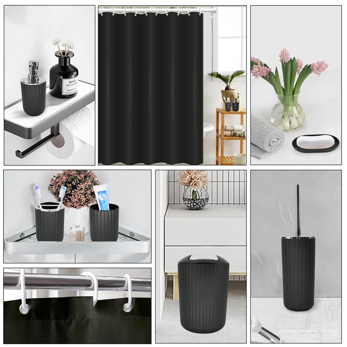 FooGuila black soap dispenser in a complete bathroom set