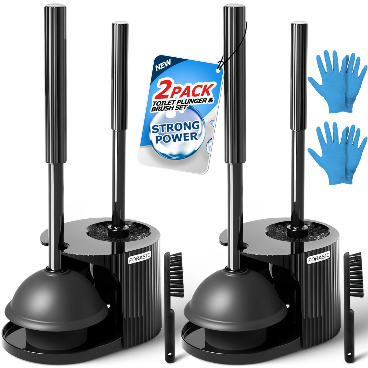 FORASTO 2Pack toilet brush and plunger set with extended handle for easy cleaning