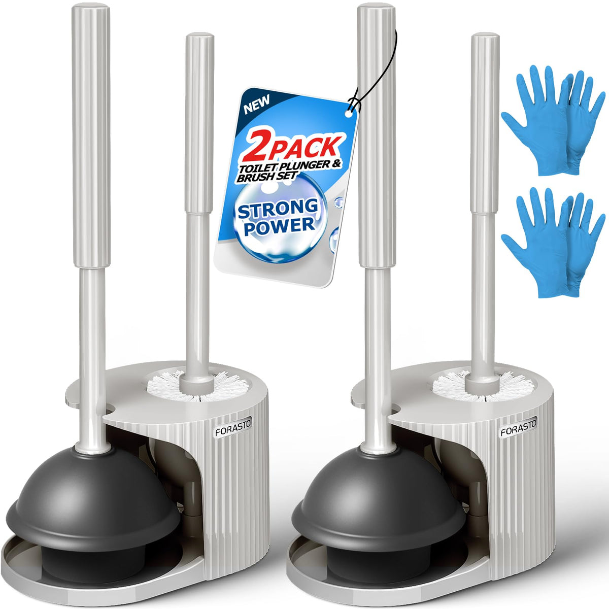 FORASTO toilet brush and extended-handle plunger in one compact set for easy cleaning