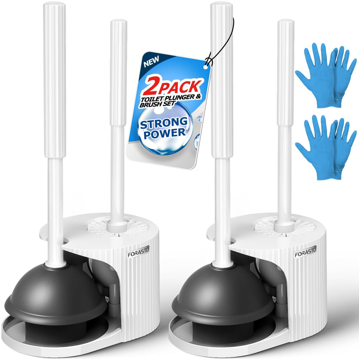 FORASTO toilet brush and plunger set with extended handle, easy splash-free cleaning.