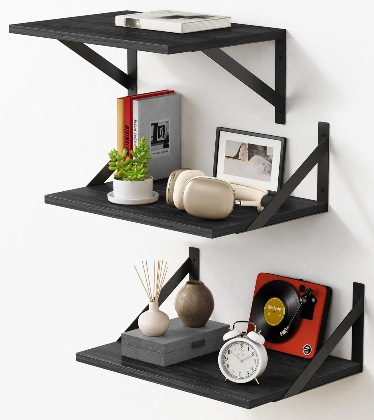Forbena 12in deep floating shelf, angle view, showing sturdy display and organization potential