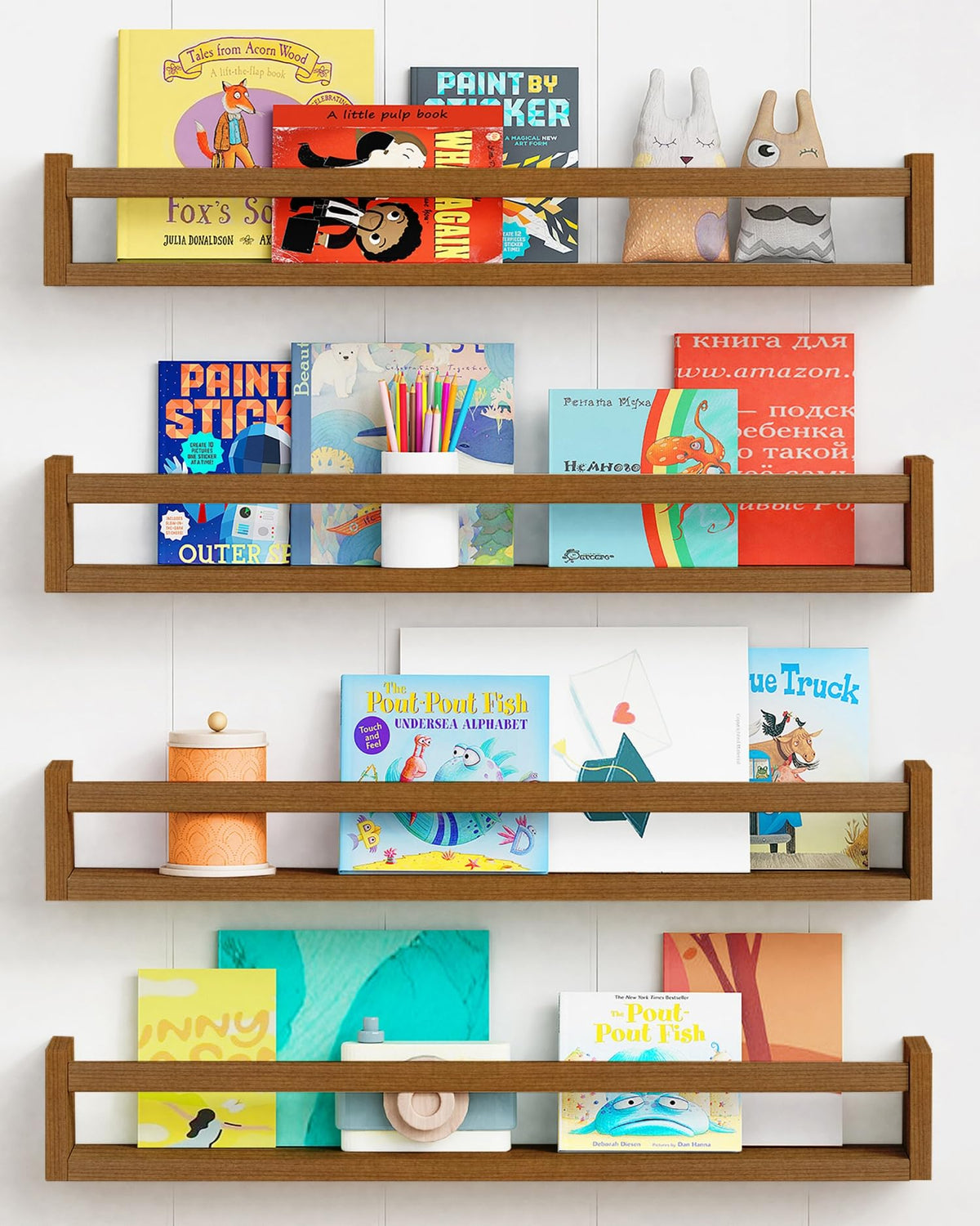 Forbena 24-inch walnut floating shelves mounted on wall for kid-friendly book storage.