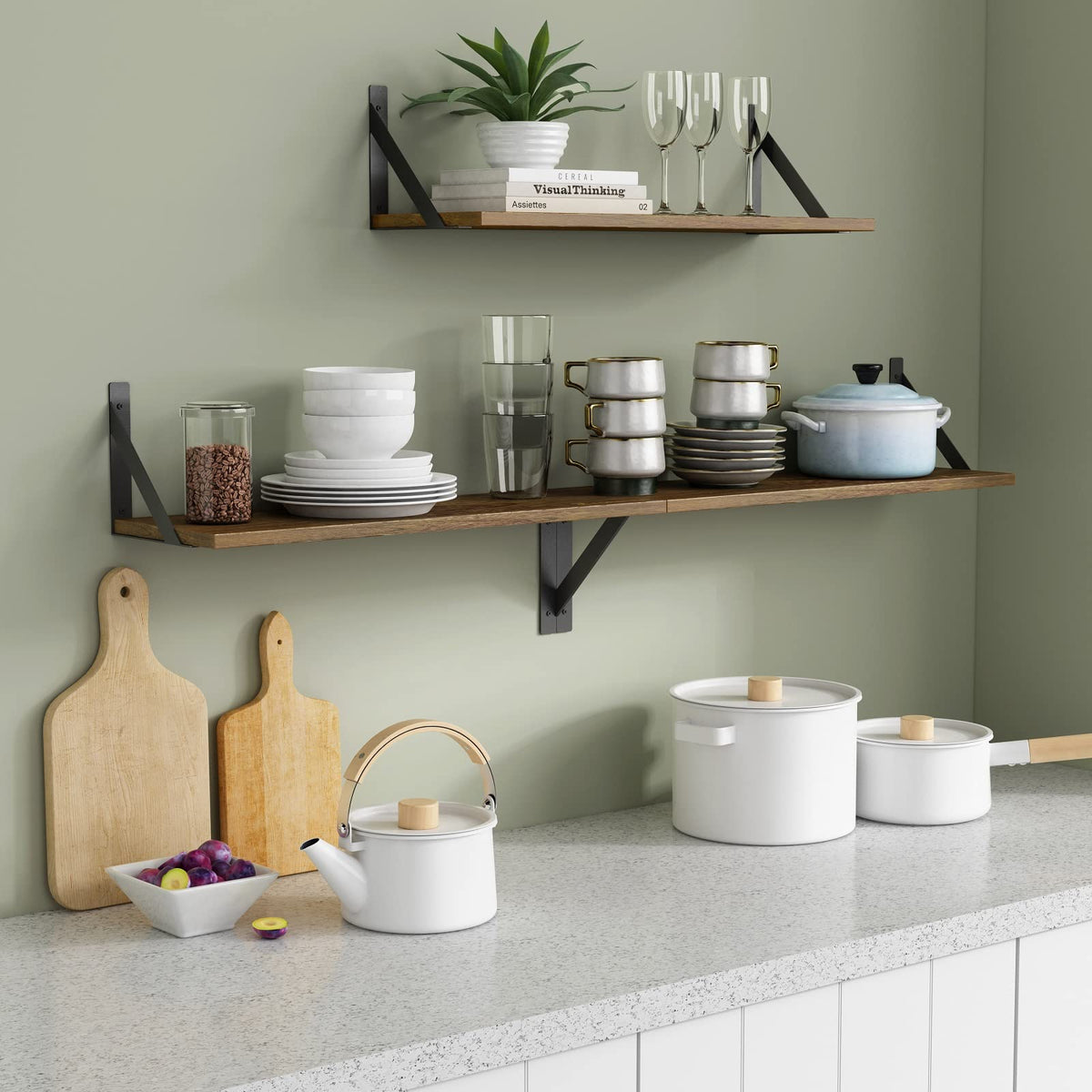 Forbena 24-inch floating shelves living room display with plants and keepsakes neatly organized.
