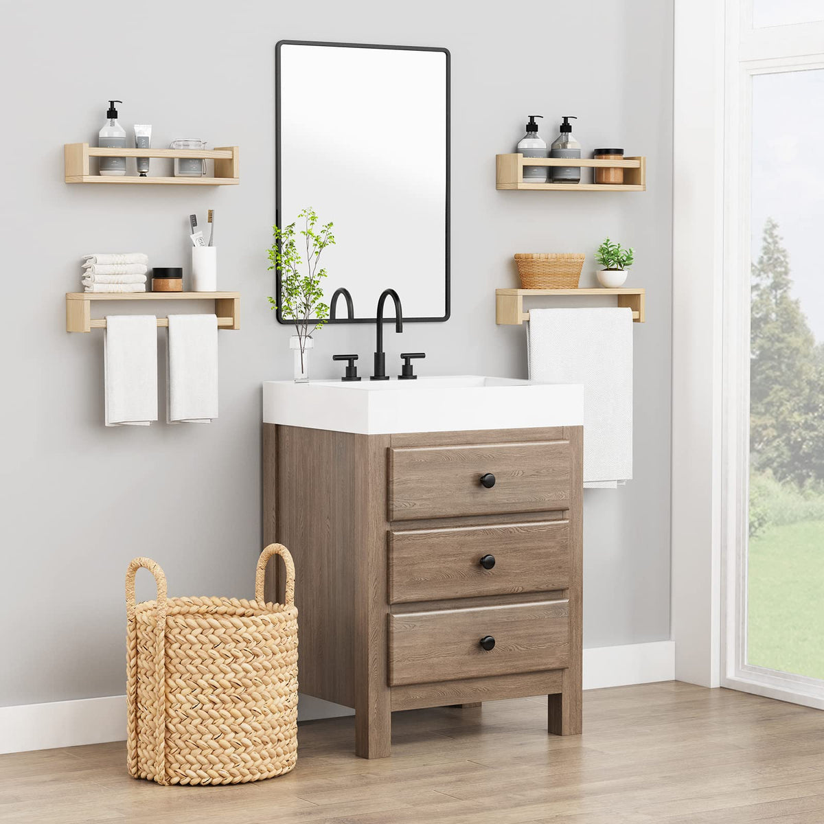 Four-pack nursery shelves providing off-floor storage and easy reach.